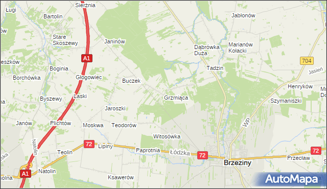 mapa Grzmiąca gmina Brzeziny, Grzmiąca gmina Brzeziny na mapie Targeo