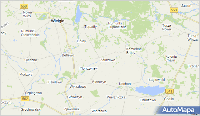 mapa Zakrzewo gmina Wielgie, Zakrzewo gmina Wielgie na mapie Targeo