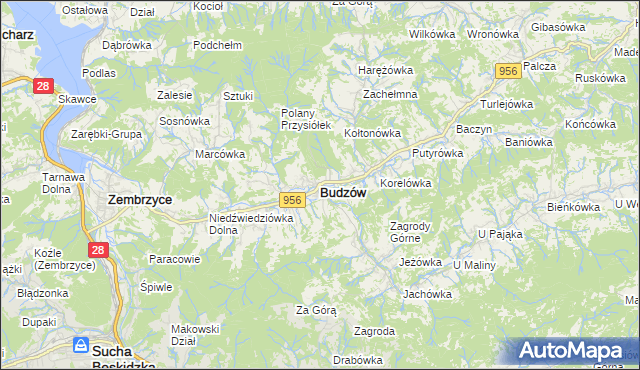 mapa Budzów powiat suski, Budzów powiat suski na mapie Targeo