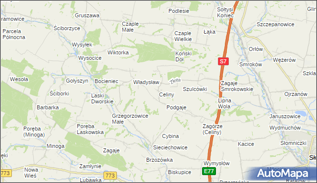 mapa Celiny gmina Iwanowice, Celiny gmina Iwanowice na mapie Targeo