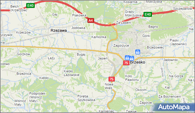 mapa Jasień gmina Brzesko, Jasień gmina Brzesko na mapie Targeo