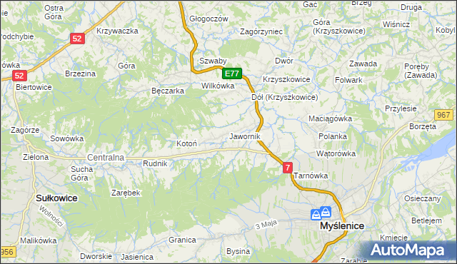 mapa Jawornik gmina Myślenice, Jawornik gmina Myślenice na mapie Targeo