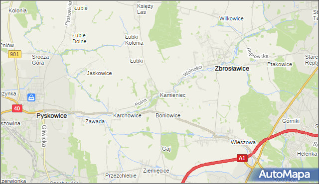 mapa Kamieniec gmina Zbrosławice, Kamieniec gmina Zbrosławice na mapie Targeo