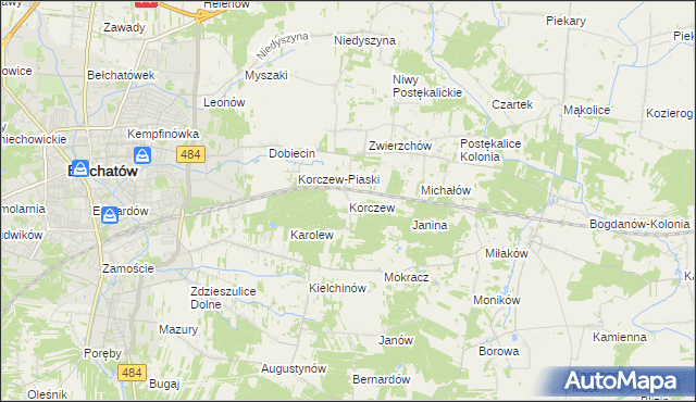 mapa Korczew gmina Bełchatów, Korczew gmina Bełchatów na mapie Targeo