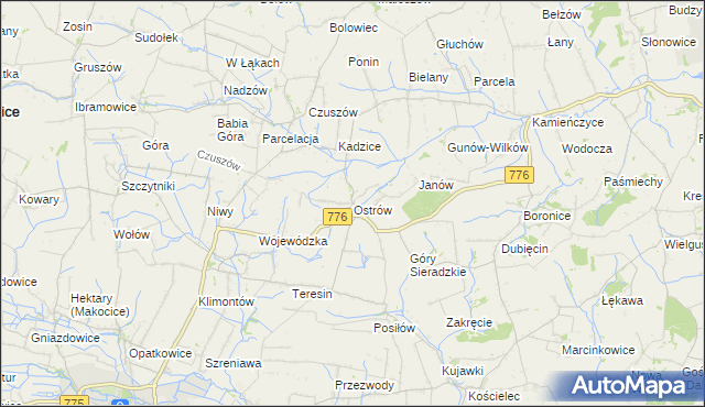 mapa Ostrów gmina Proszowice, Ostrów gmina Proszowice na mapie Targeo