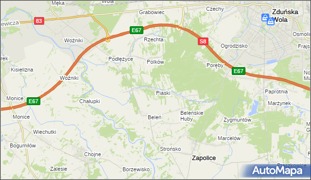 mapa Piaski gmina Zduńska Wola, Piaski gmina Zduńska Wola na mapie Targeo