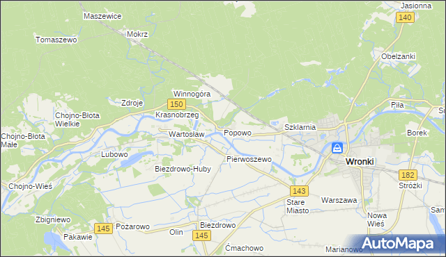 mapa Popowo gmina Wronki, Popowo gmina Wronki na mapie Targeo