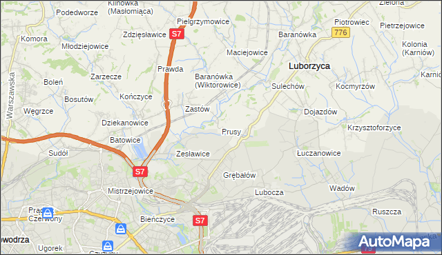 mapa Prusy gmina Kocmyrzów-Luborzyca, Prusy gmina Kocmyrzów-Luborzyca na mapie Targeo