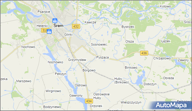 mapa Pysząca gmina Śrem, Pysząca gmina Śrem na mapie Targeo