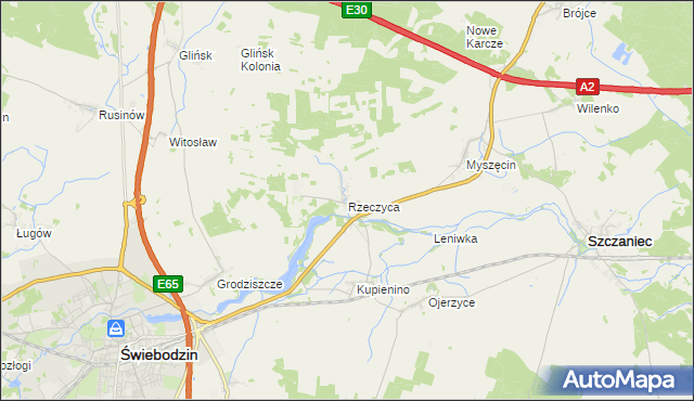 mapa Rzeczyca gmina Świebodzin, Rzeczyca gmina Świebodzin na mapie Targeo