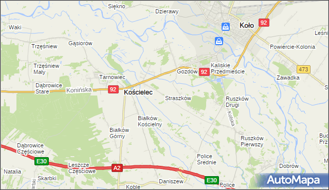 mapa Straszków gmina Kościelec, Straszków gmina Kościelec na mapie Targeo