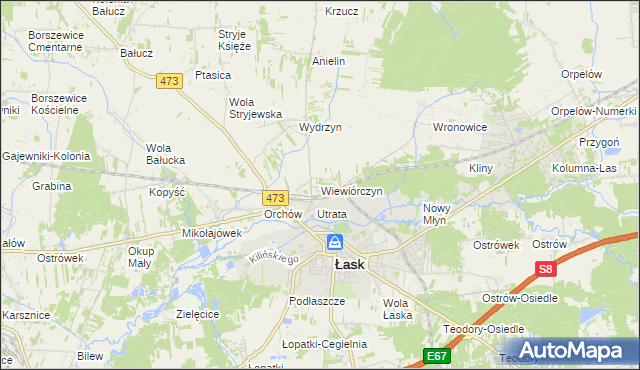 mapa Wiewiórczyn gmina Łask, Wiewiórczyn gmina Łask na mapie Targeo