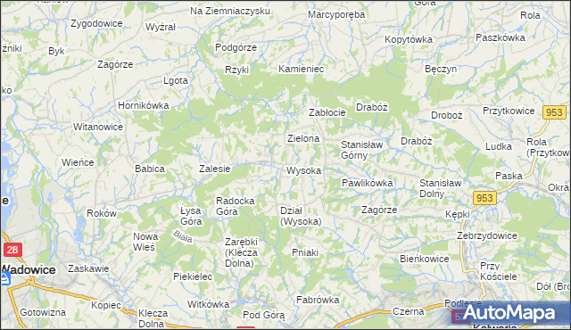 mapa Wysoka gmina Wadowice, Wysoka gmina Wadowice na mapie Targeo