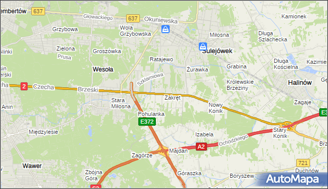 mapa Zakręt gmina Wiązowna, Zakręt gmina Wiązowna na mapie Targeo