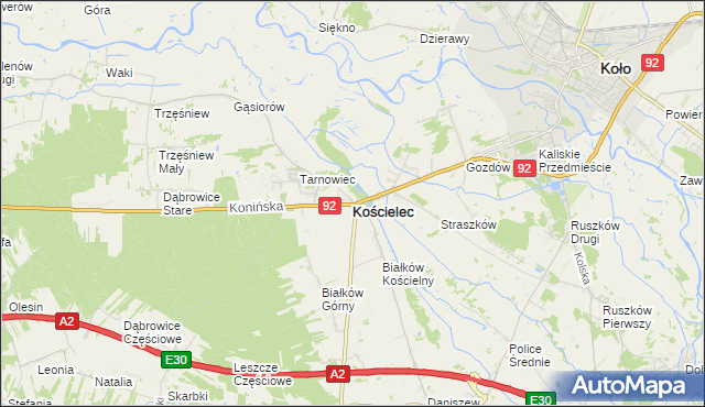 mapa Kościelec powiat kolski, Kościelec powiat kolski na mapie Targeo