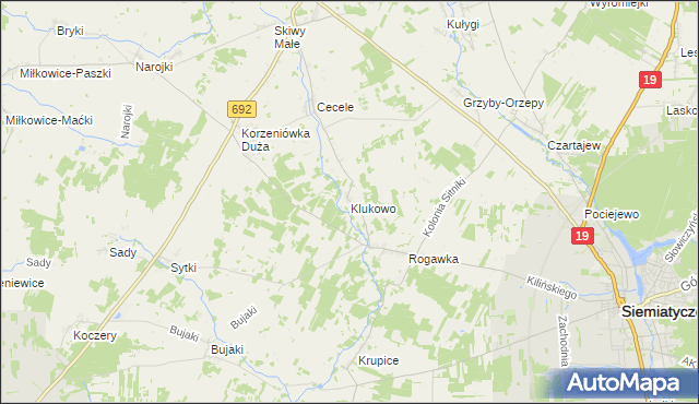 mapa Klukowo gmina Siemiatycze, Klukowo gmina Siemiatycze na mapie Targeo