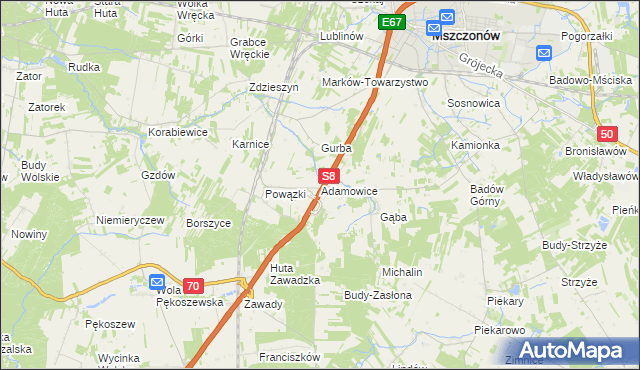 mapa Adamowice gmina Mszczonów, Adamowice gmina Mszczonów na mapie Targeo