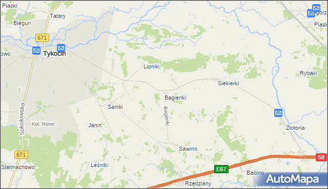 mapa Bagienki gmina Tykocin, Bagienki gmina Tykocin na mapie Targeo