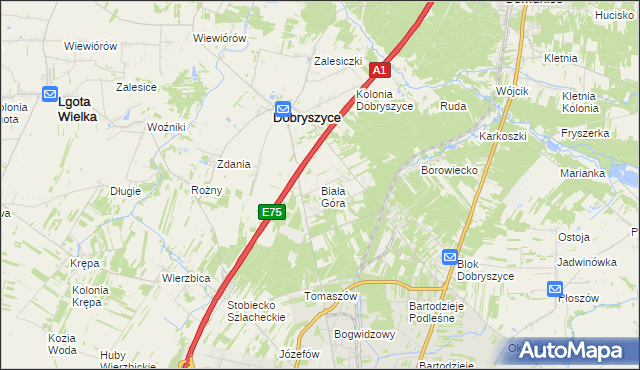 mapa Biała Góra gmina Dobryszyce, Biała Góra gmina Dobryszyce na mapie Targeo