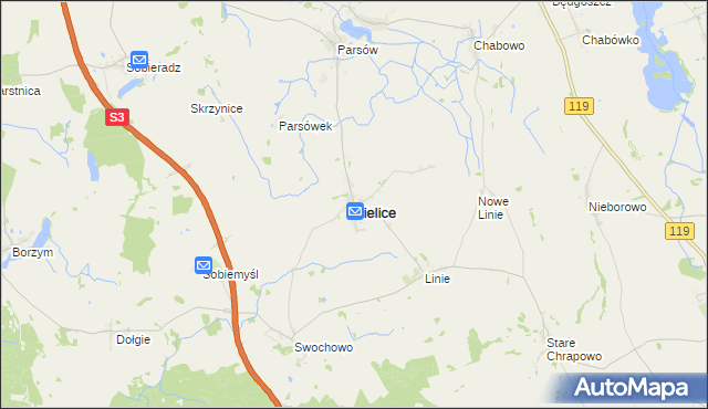 mapa Bielice powiat pyrzycki, Bielice powiat pyrzycki na mapie Targeo