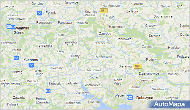mapa Bieńkowice gmina Dobczyce, Bieńkowice gmina Dobczyce na mapie Targeo
