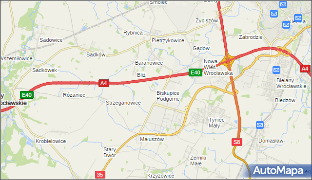 mapa Biskupice Podgórne, Biskupice Podgórne na mapie Targeo