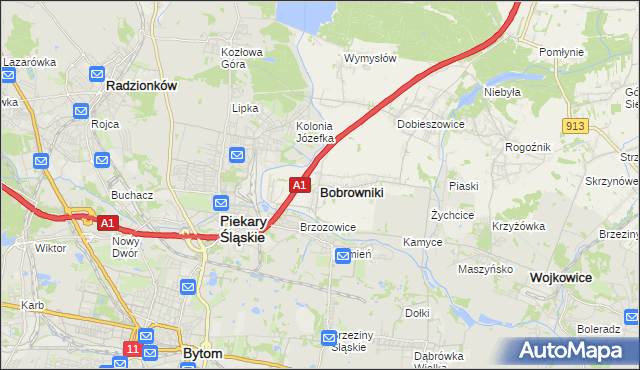 mapa Bobrowniki powiat będziński, Bobrowniki powiat będziński na mapie Targeo