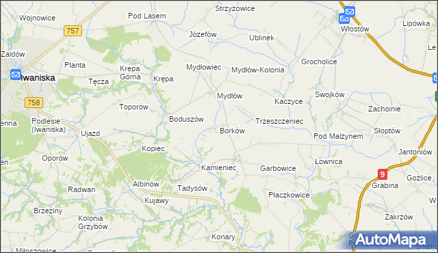 mapa Borków gmina Iwaniska, Borków gmina Iwaniska na mapie Targeo