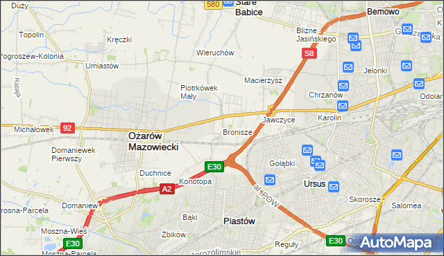 mapa Bronisze gmina Ożarów Mazowiecki, Bronisze gmina Ożarów Mazowiecki na mapie Targeo