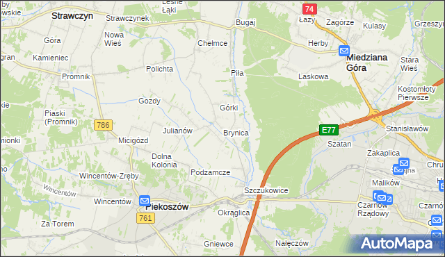 mapa Brynica gmina Piekoszów, Brynica gmina Piekoszów na mapie Targeo