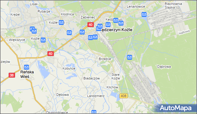 mapa Brzeźce gmina Bierawa, Brzeźce gmina Bierawa na mapie Targeo