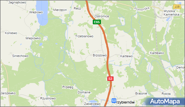 mapa Brzozowo gmina Przybiernów, Brzozowo gmina Przybiernów na mapie Targeo