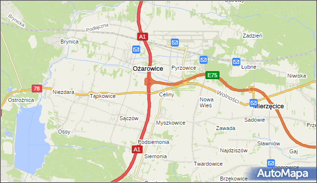 mapa Celiny gmina Ożarowice, Celiny gmina Ożarowice na mapie Targeo
