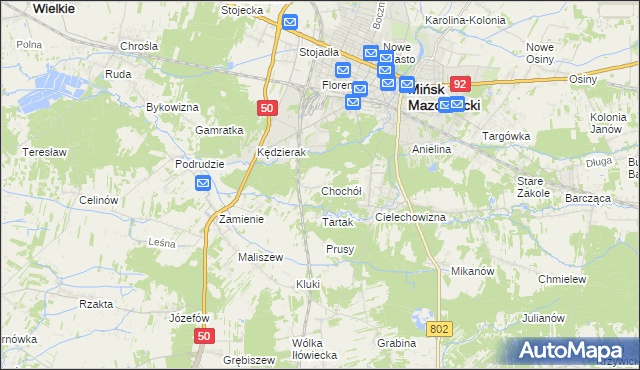 mapa Chochół gmina Mińsk Mazowiecki, Chochół gmina Mińsk Mazowiecki na mapie Targeo