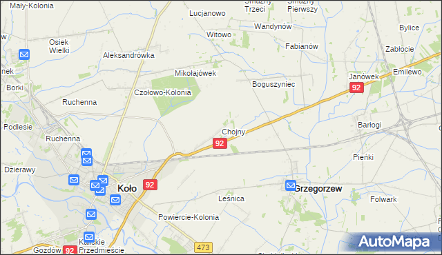 mapa Chojny gmina Koło, Chojny gmina Koło na mapie Targeo