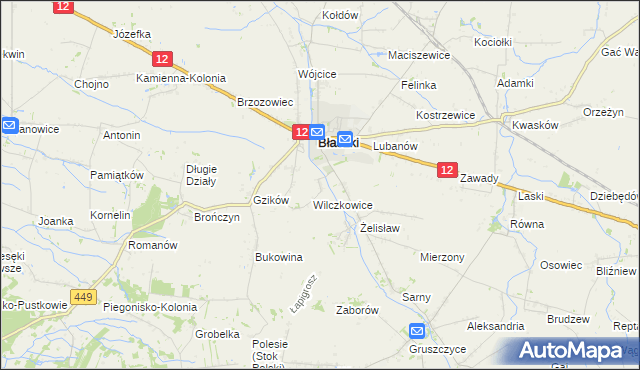 mapa Chrzanowice gmina Błaszki, Chrzanowice gmina Błaszki na mapie Targeo