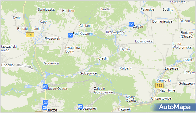 mapa Cieślin gmina Klucze, Cieślin gmina Klucze na mapie Targeo