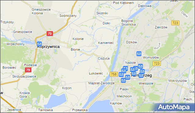 mapa Ciszyca gmina Koprzywnica, Ciszyca gmina Koprzywnica na mapie Targeo