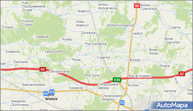 mapa Cyganka gmina Dębe Wielkie, Cyganka gmina Dębe Wielkie na mapie Targeo