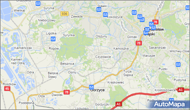 mapa Czyżowice gmina Gorzyce, Czyżowice gmina Gorzyce na mapie Targeo