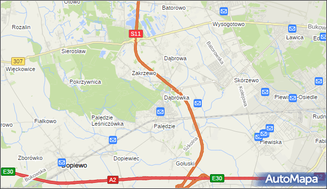 mapa Dąbrówka gmina Dopiewo, Dąbrówka gmina Dopiewo na mapie Targeo