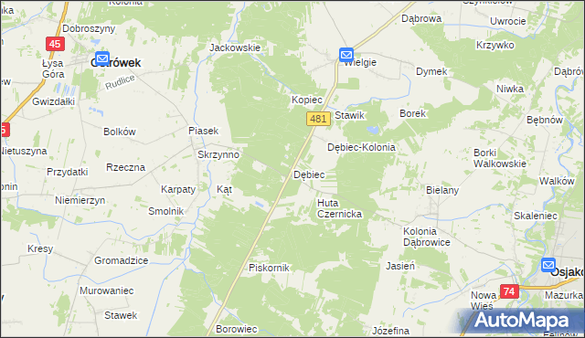 mapa Dębiec gmina Ostrówek, Dębiec gmina Ostrówek na mapie Targeo