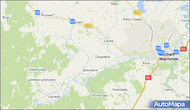 mapa Długołęka gmina Lidzbark Warmiński, Długołęka gmina Lidzbark Warmiński na mapie Targeo