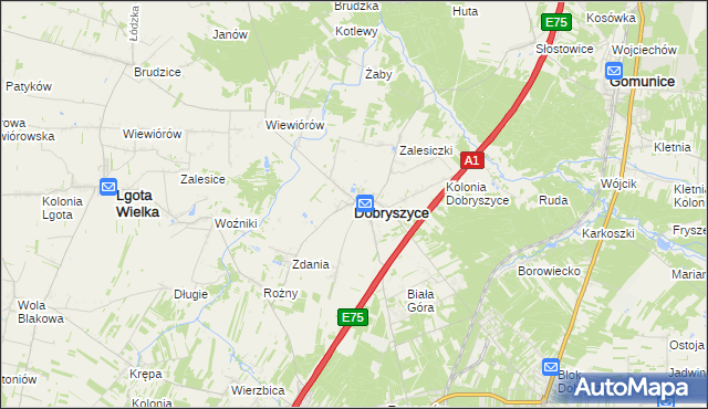 mapa Dobryszyce, Dobryszyce na mapie Targeo