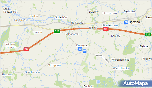 mapa Dobrzyca gmina Będzino, Dobrzyca gmina Będzino na mapie Targeo