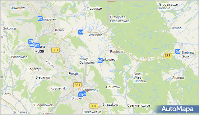 mapa Dzikowiec gmina Nowa Ruda, Dzikowiec gmina Nowa Ruda na mapie Targeo