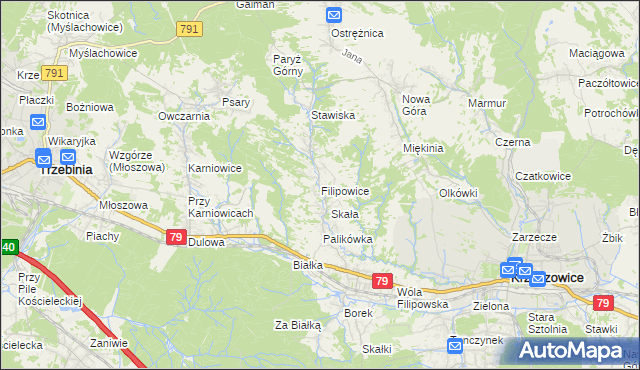 mapa Filipowice gmina Krzeszowice, Filipowice gmina Krzeszowice na mapie Targeo