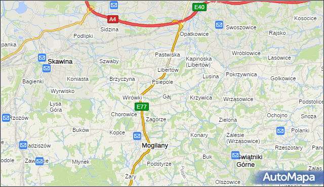 mapa Gaj gmina Mogilany, Gaj gmina Mogilany na mapie Targeo