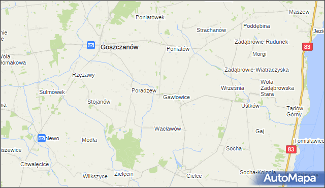 mapa Gawłowice gmina Goszczanów, Gawłowice gmina Goszczanów na mapie Targeo