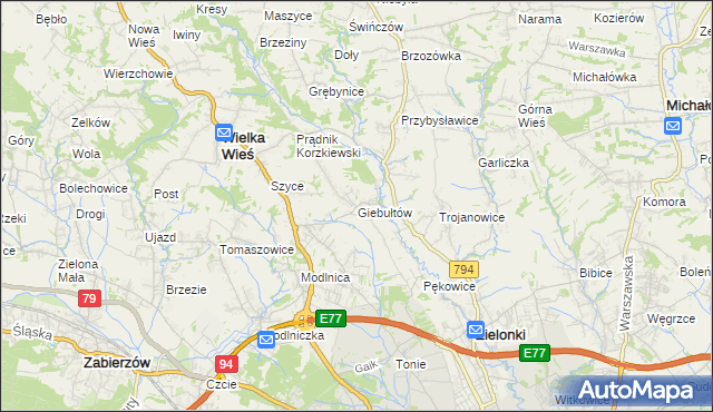 mapa Giebułtów gmina Wielka Wieś, Giebułtów gmina Wielka Wieś na mapie Targeo